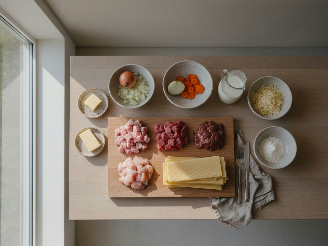 Ingredientes de los canelones pesados: dados de cerdo, ternera y pollo, hígados, verduras en brunoise y placas de pasta secas