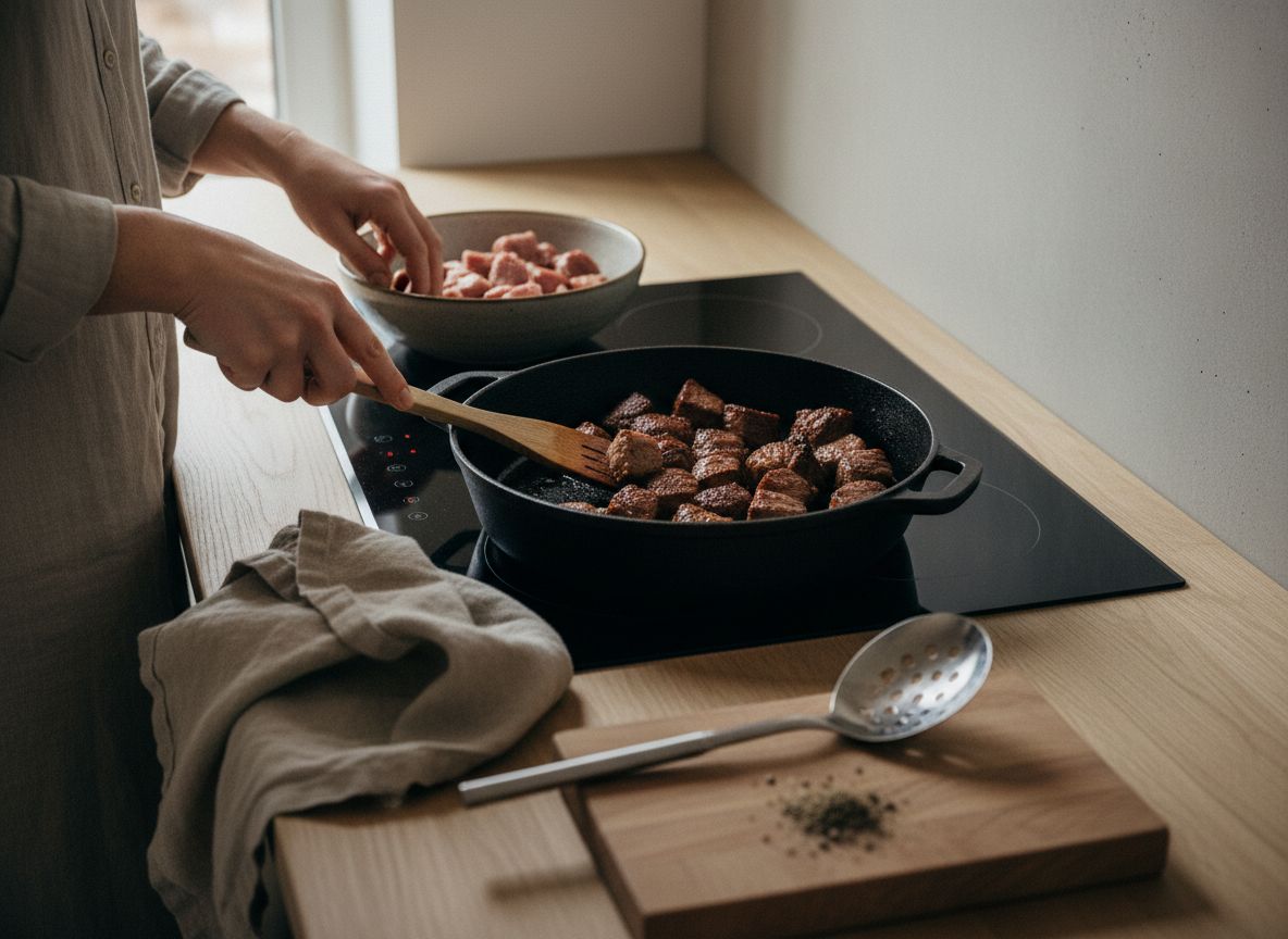 Dados de carne dorándose en tandas con costra marrón oscura en cazuela de fondo grueso