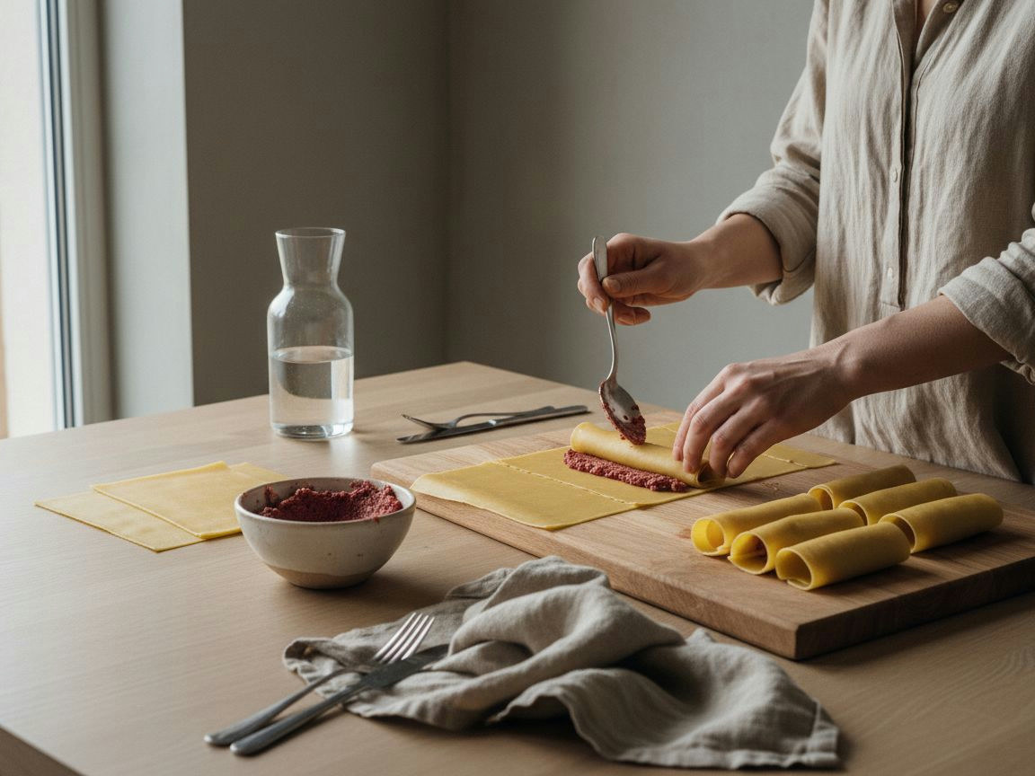 Placas de canelón cocidas extendidas sobre paño y rellenas de carne antes de enrollarlas