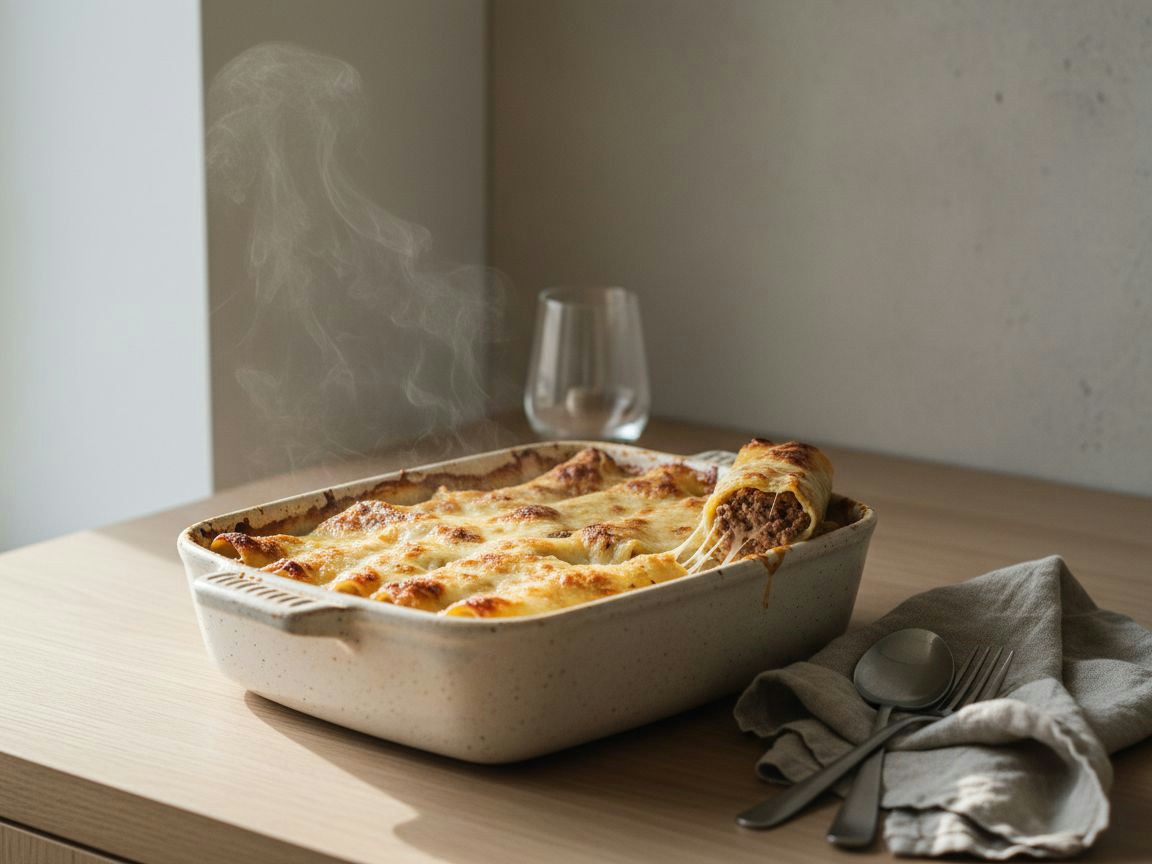 Fuente de canelones gratinados con la bechamel dorada y burbujeante, bordes tostados y una ración servida mostrando el relleno de carne