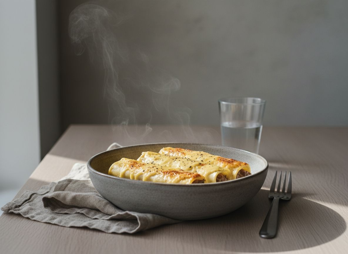 Canelones de rabo de toro gratinados en cuenco de cerámica gris piedra, cubiertos de bechamel trufada dorada, con un ligero vapor, luz natural suave desde la izquierda.