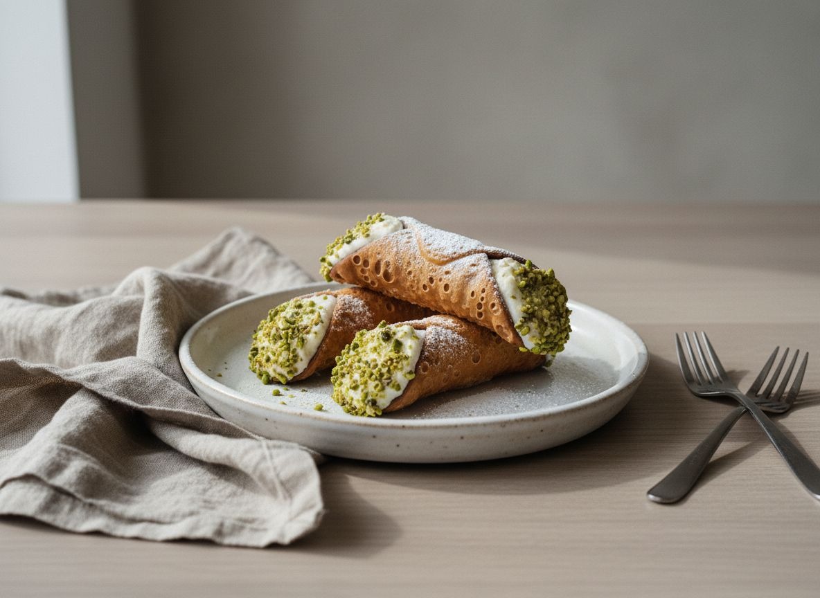 Dos cannoli sicilianos rellenos de crema de ricotta con extremos rebozados en pistacho verde y azúcar glas, sobre plato blanco hueso, luz natural suave desde la izquierda.