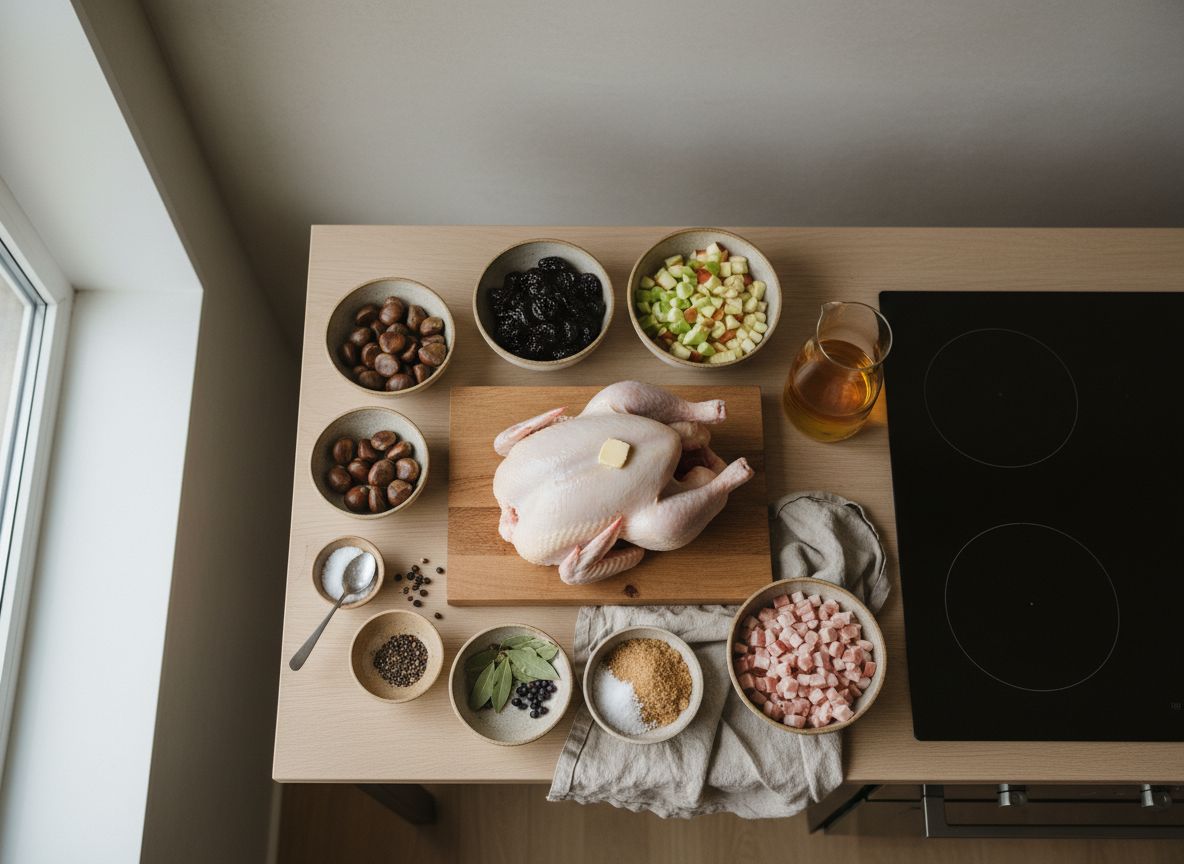 Mise en place del capón asado: castañas frescas con corte en cruz, manzana reineta, ciruelas pasas, panceta en lardones, miga de pan, cebolla, laurel, enebro y sal gruesa