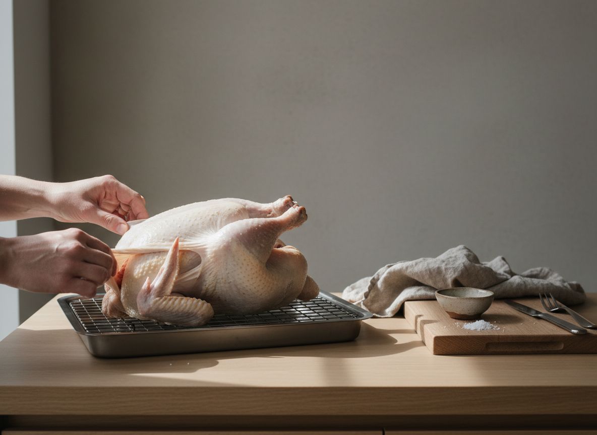 Manos separando la piel de la pechuga del capón e introduciendo mantequilla en pomada sobre la carne