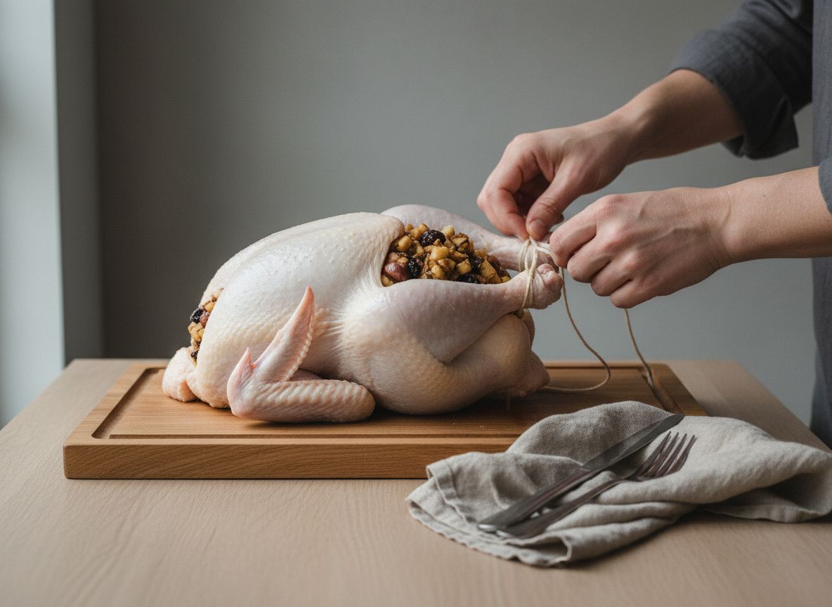 Capón bridado con hilo de bramante sobre cama de cebolla en cuartos y zanahoria en la bandeja de horno