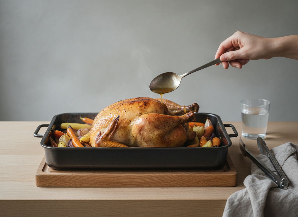 Capón en el horno con la piel dorada, regándose con sus propios jugos con cuchara larga
