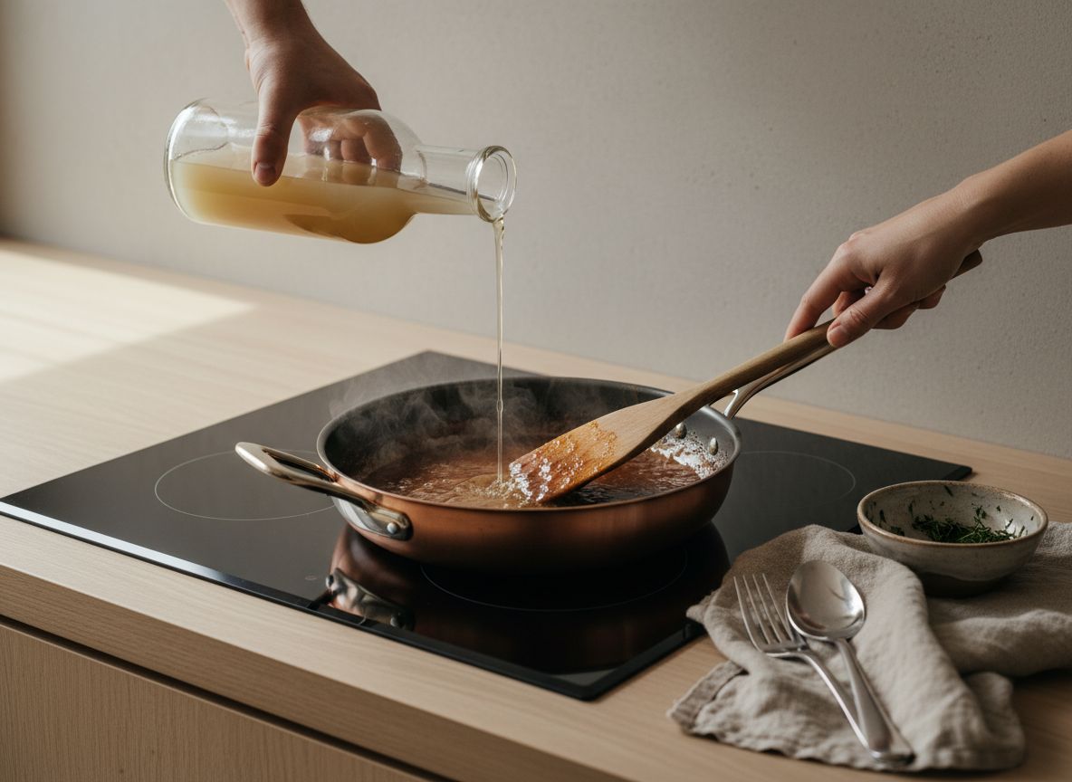 Desglasado de la bandeja con sidra natural, raspando el fondo tostado con espátula de madera