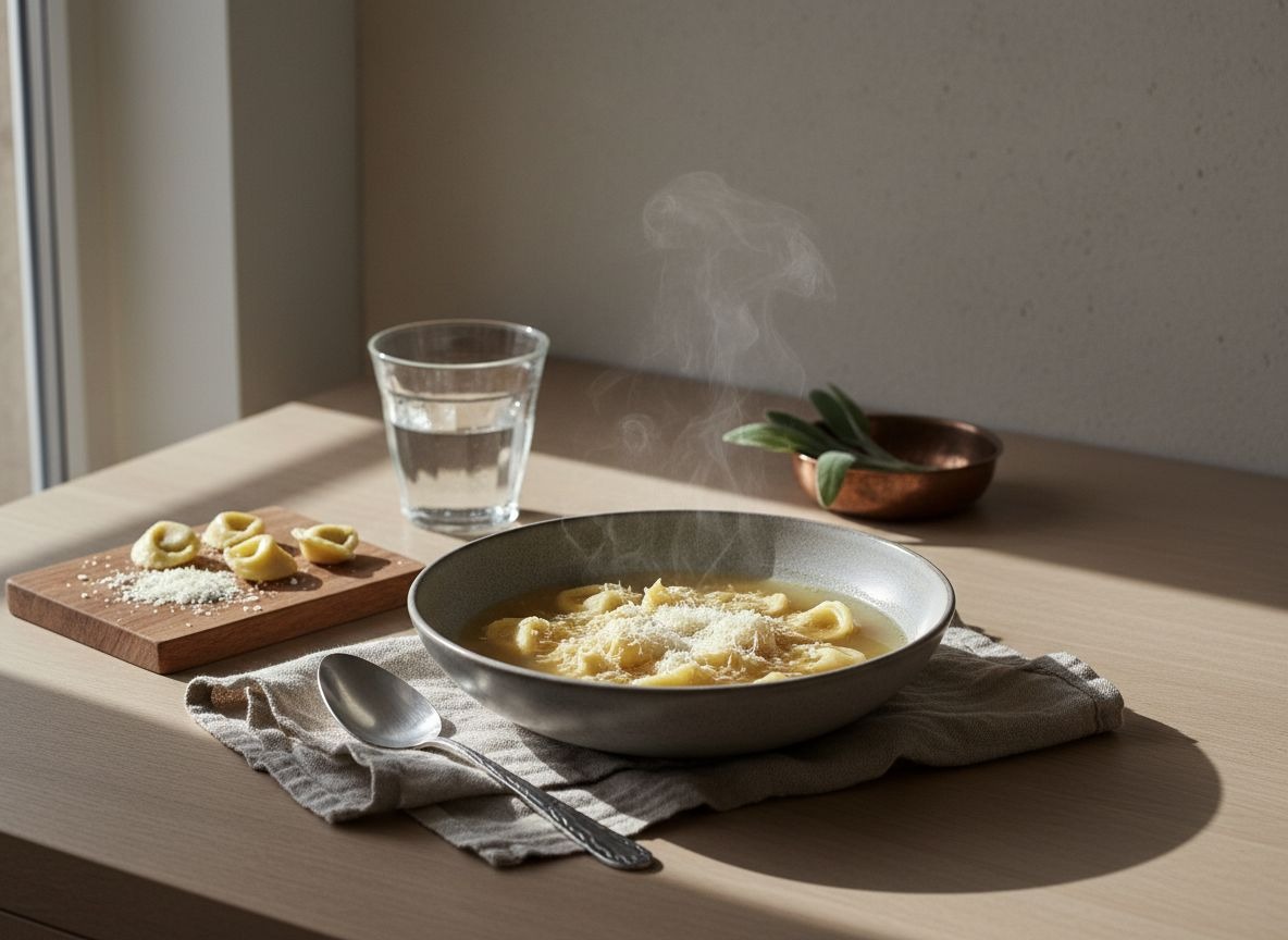 Cappelletti diminutos flotando en un brodo de capón dorado y transparente en un cuenco de cerámica gris piedra, con parmesano y un ligero vapor, luz natural suave desde la izquierda.