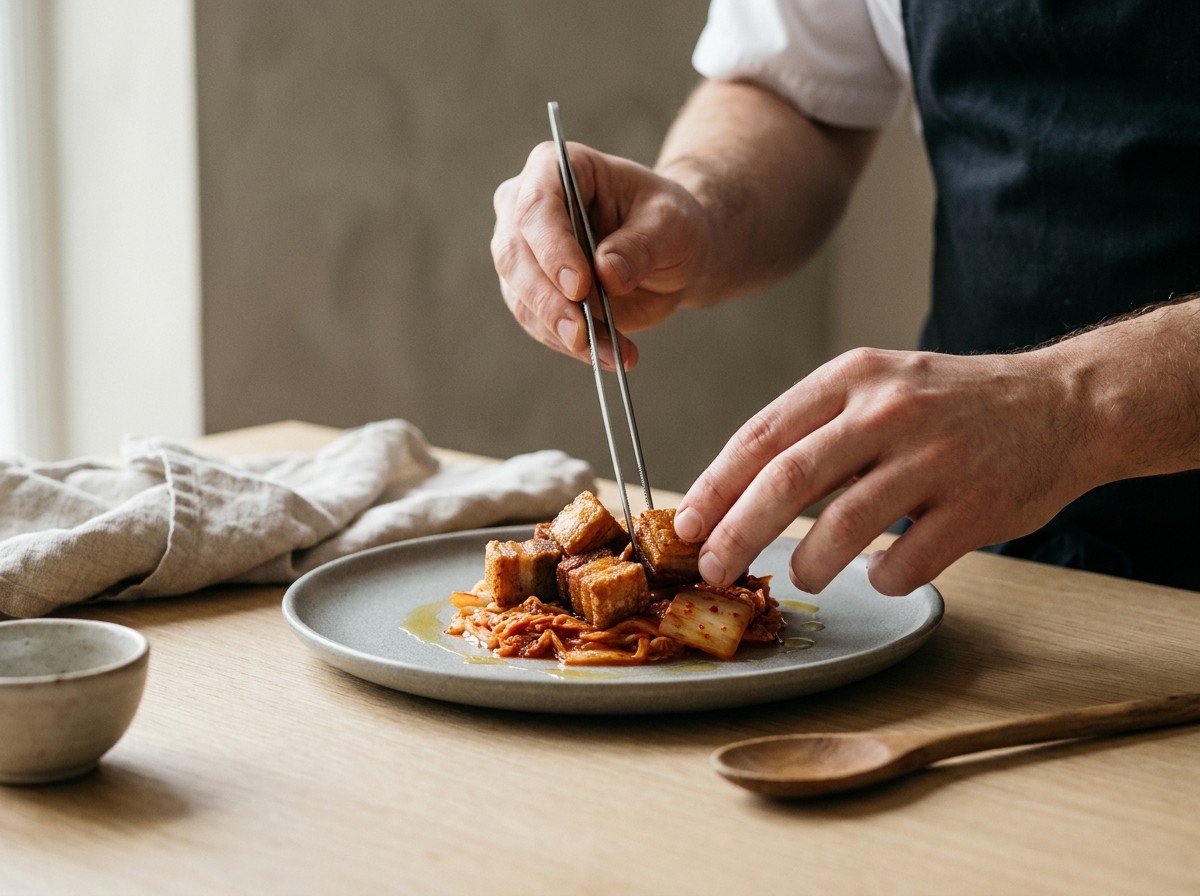 Emplatado de la careta crujiente sobre el kimchi