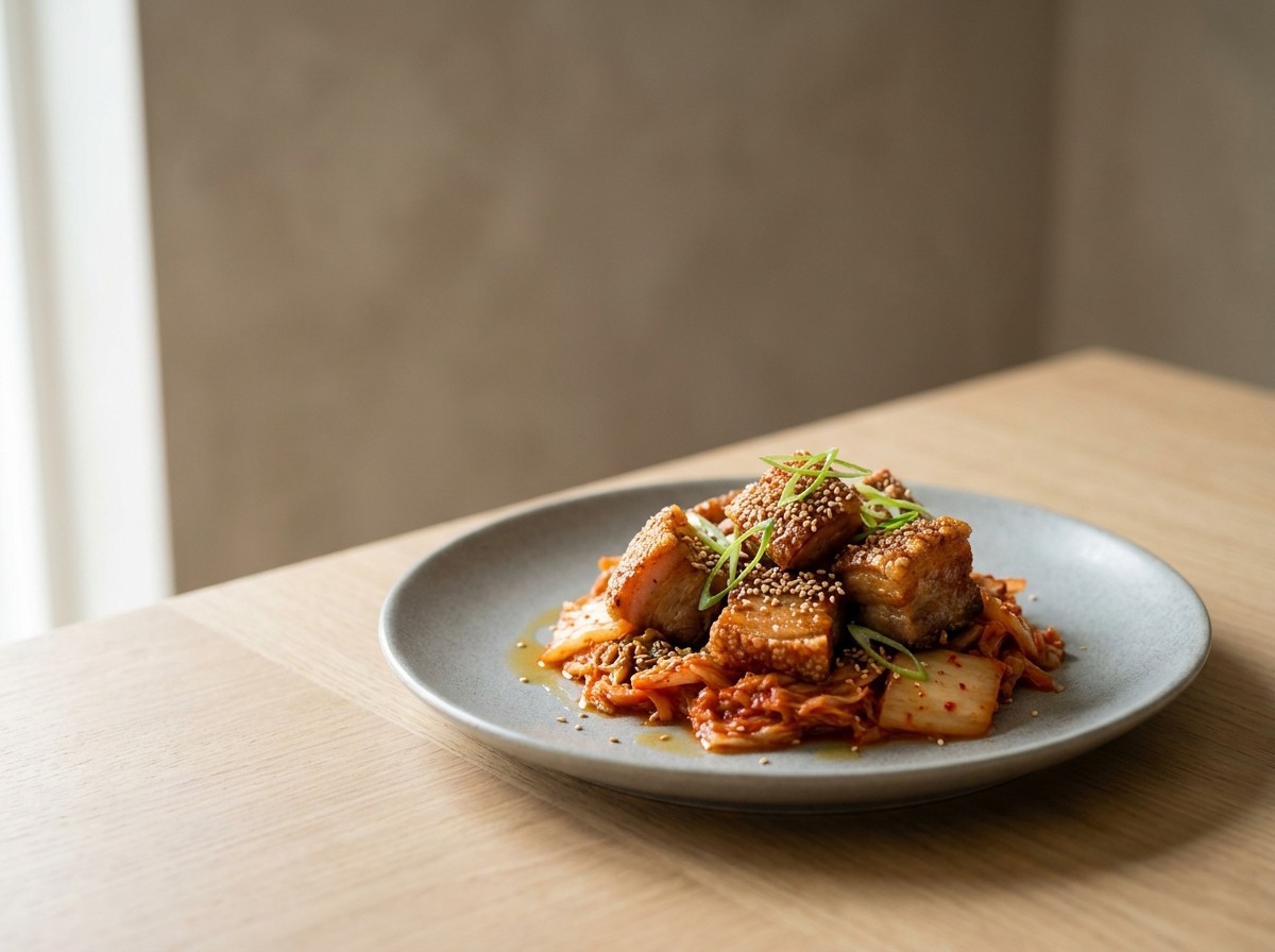 Careta crujiente en plato de cerámica gris piedra: tacos de careta de cerdo con piel crocante sobre kimchi rojo, con sésamo tostado y cebolleta.