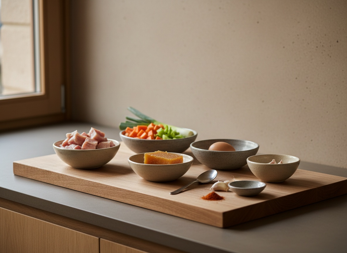 Mise en place de la careta y oreja crujiente, ingredientes vistos de lado: careta y oreja de cerdo frescas, verduras de cocción, dulce de membrillo, huevo, ajo y pimentón sobre tabla de roble