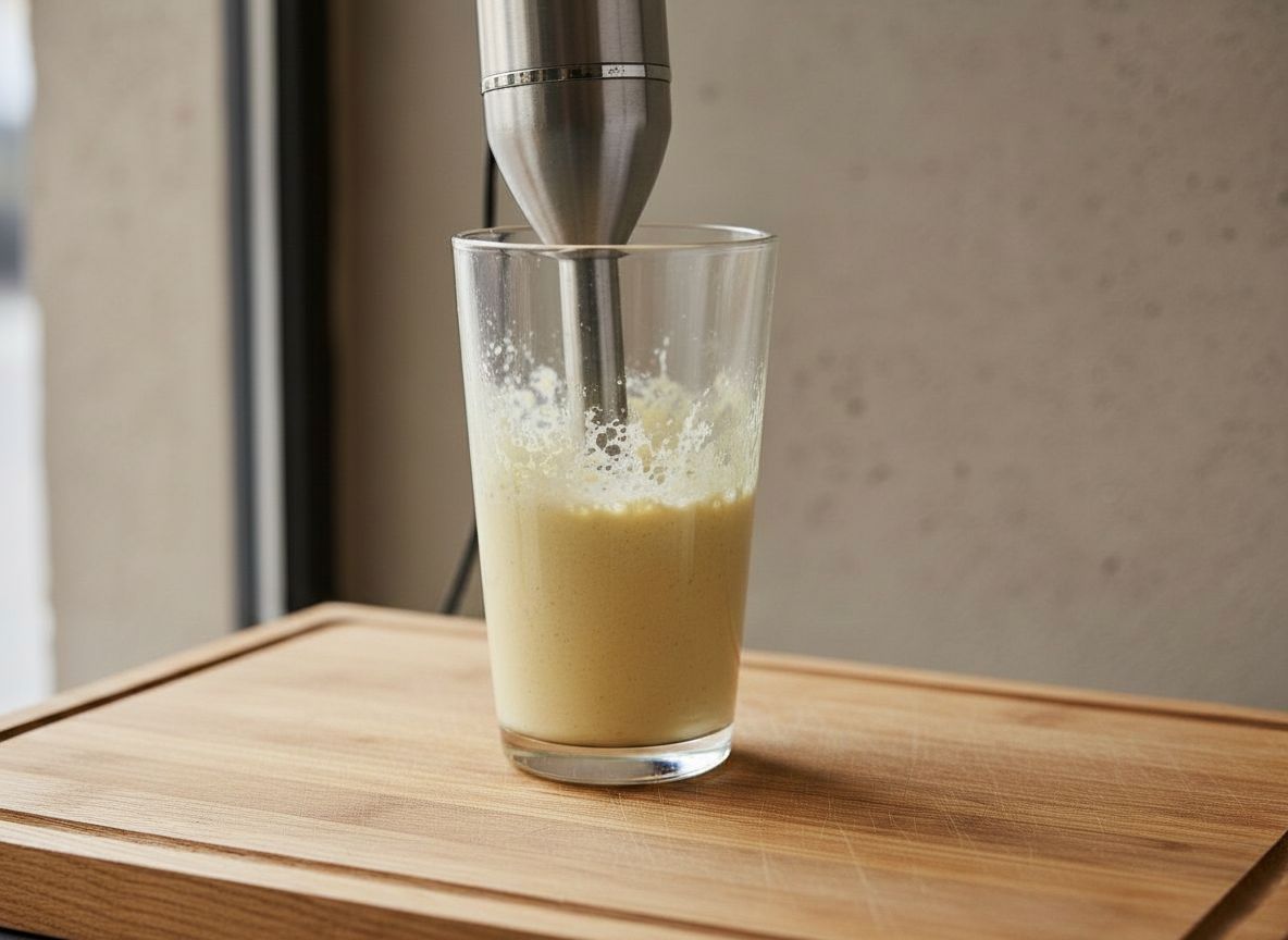 Alioli de membrillo emulsionando en vaso alto con la batidora inmóvil en el fondo