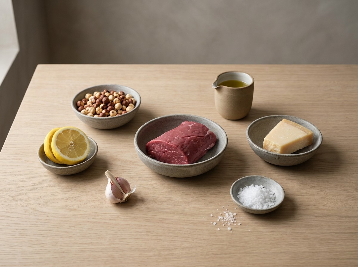 Ingredientes: carne de ternera magra, avellanas tostadas, parmesano, limón y aceite