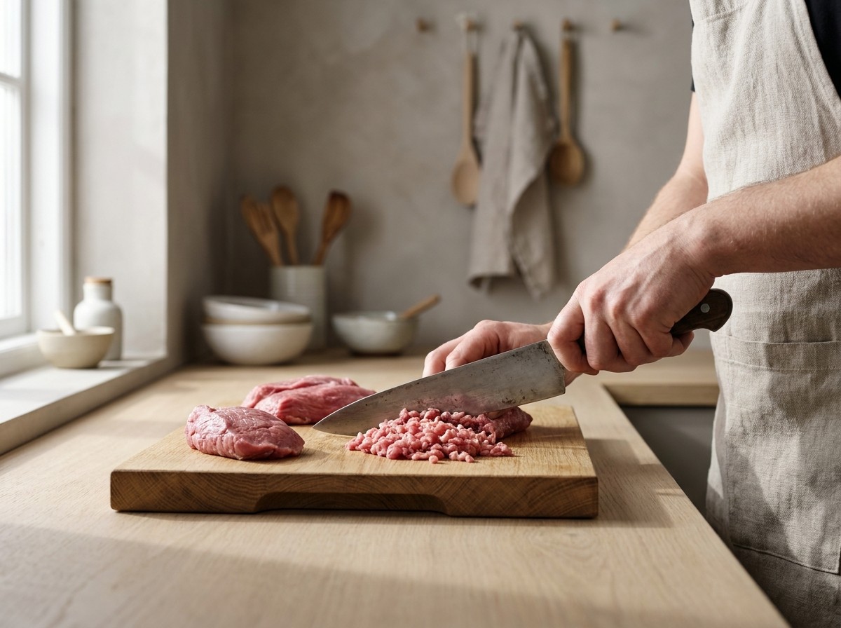 Carne de ternera picándose finamente a cuchillo