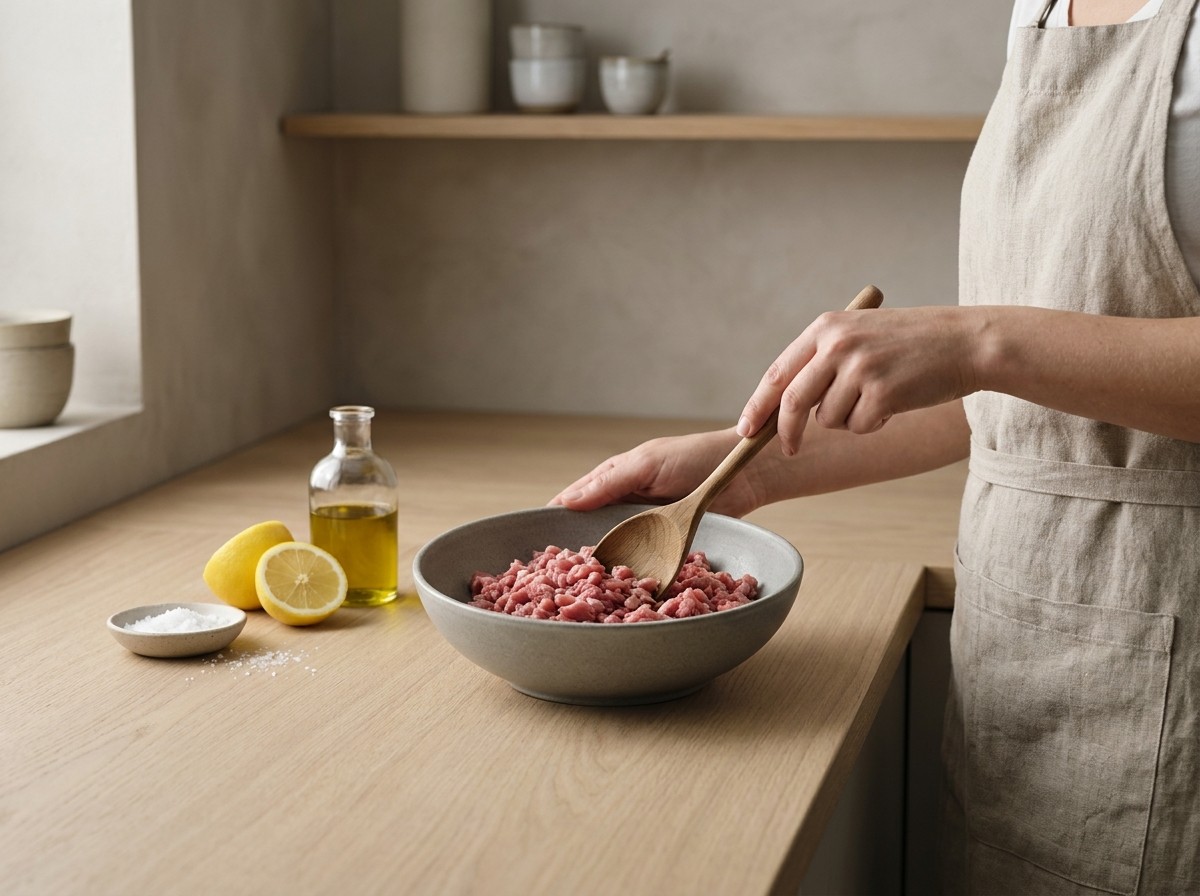 Carne picada aliñándose con aceite, limón y sal en un bol