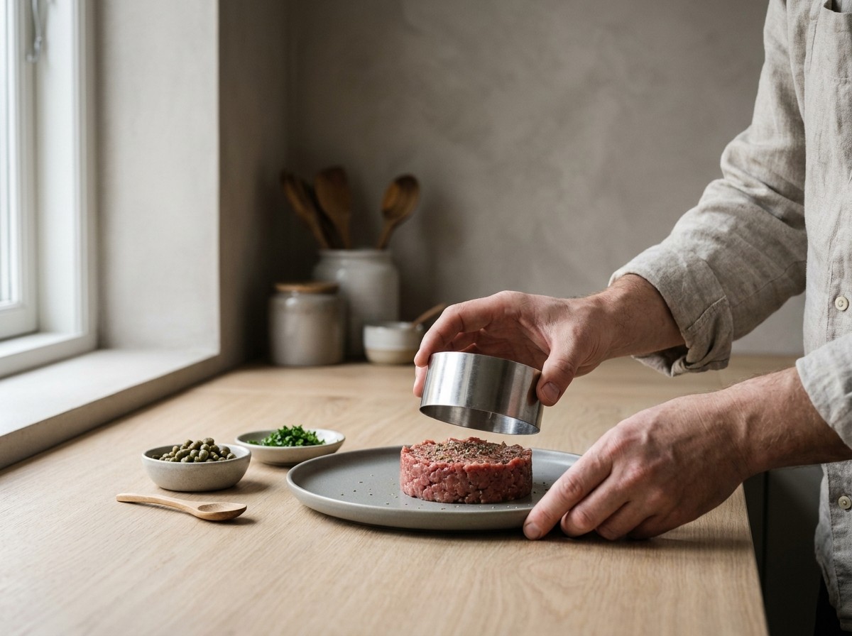 Carne cruda moldeándose en un montículo con aro en el plato