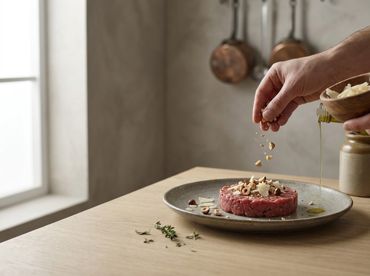 Carne cruda terminándose con avellanas, parmesano y aceite
