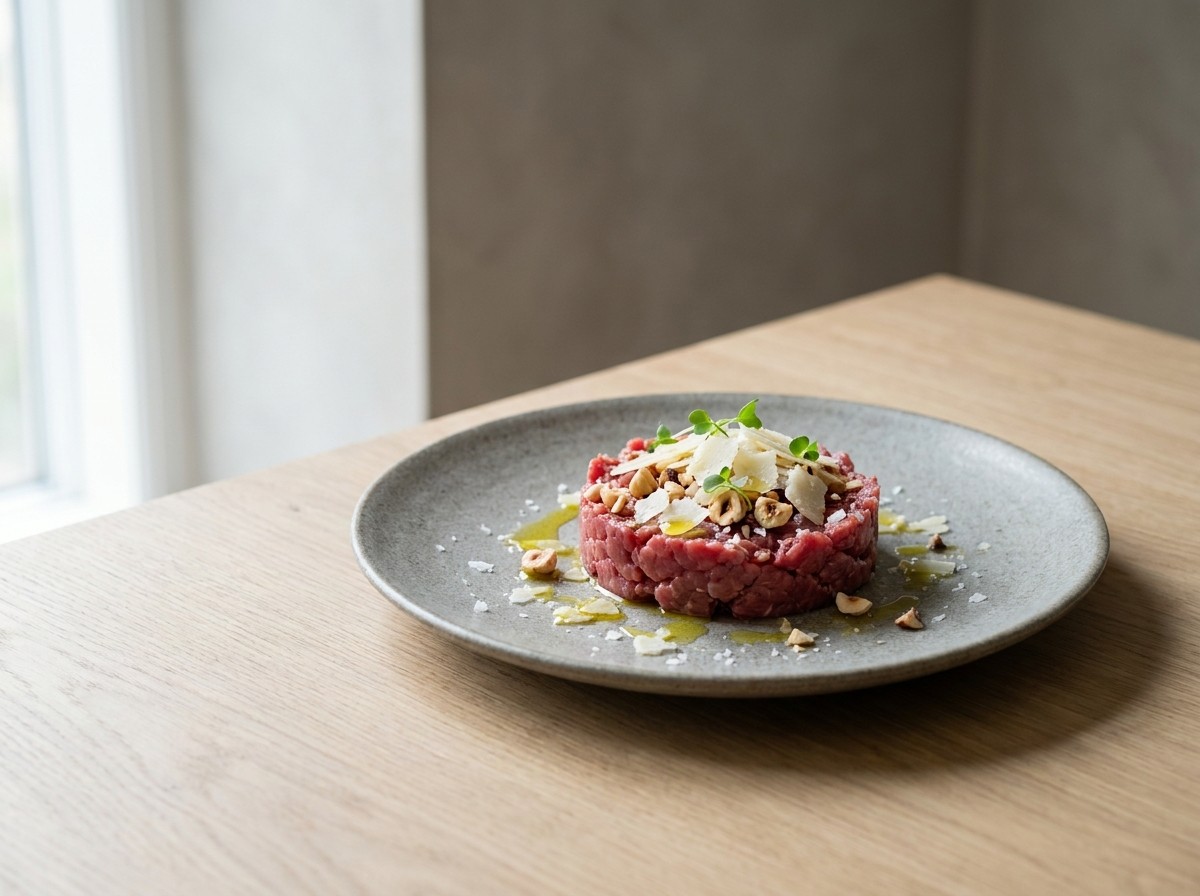 Carne cruda piamontese en plato de cerámica gris piedra: montículo de ternera cruda picada a cuchillo con avellanas tostadas, lascas de parmesano y aceite.