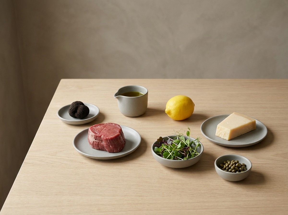 Ingredientes del carpaccio: pieza de buey, trufa, parmesano, brotes, alcaparras, aceite y limón