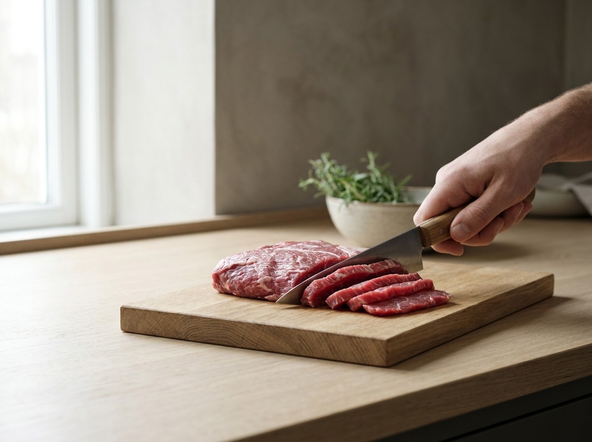 Carne cortándose en láminas finísimas con cuchillo afilado