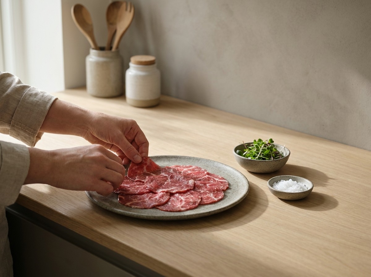 Láminas de carne dispuestas cubriendo el plato en capa fina