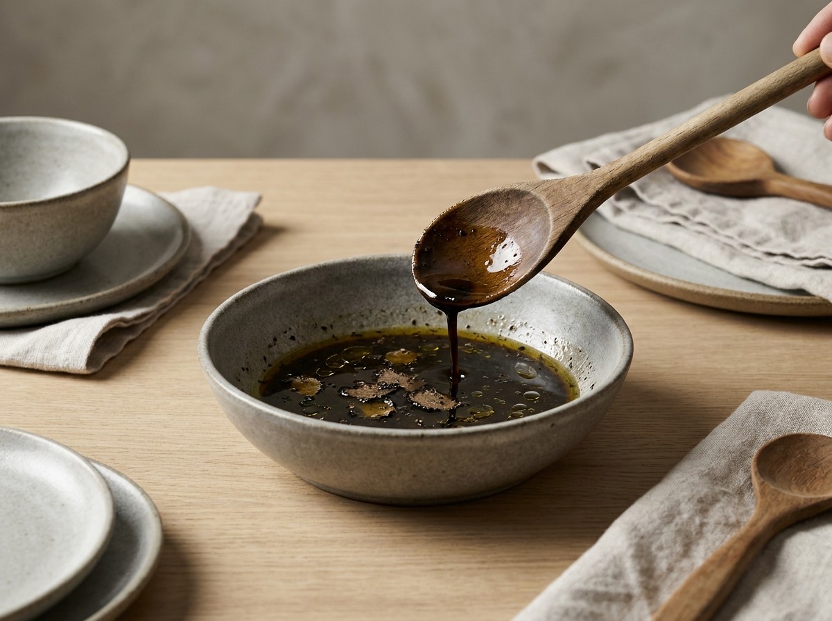 Vinagreta de trufa negra emulsionándose en un bol