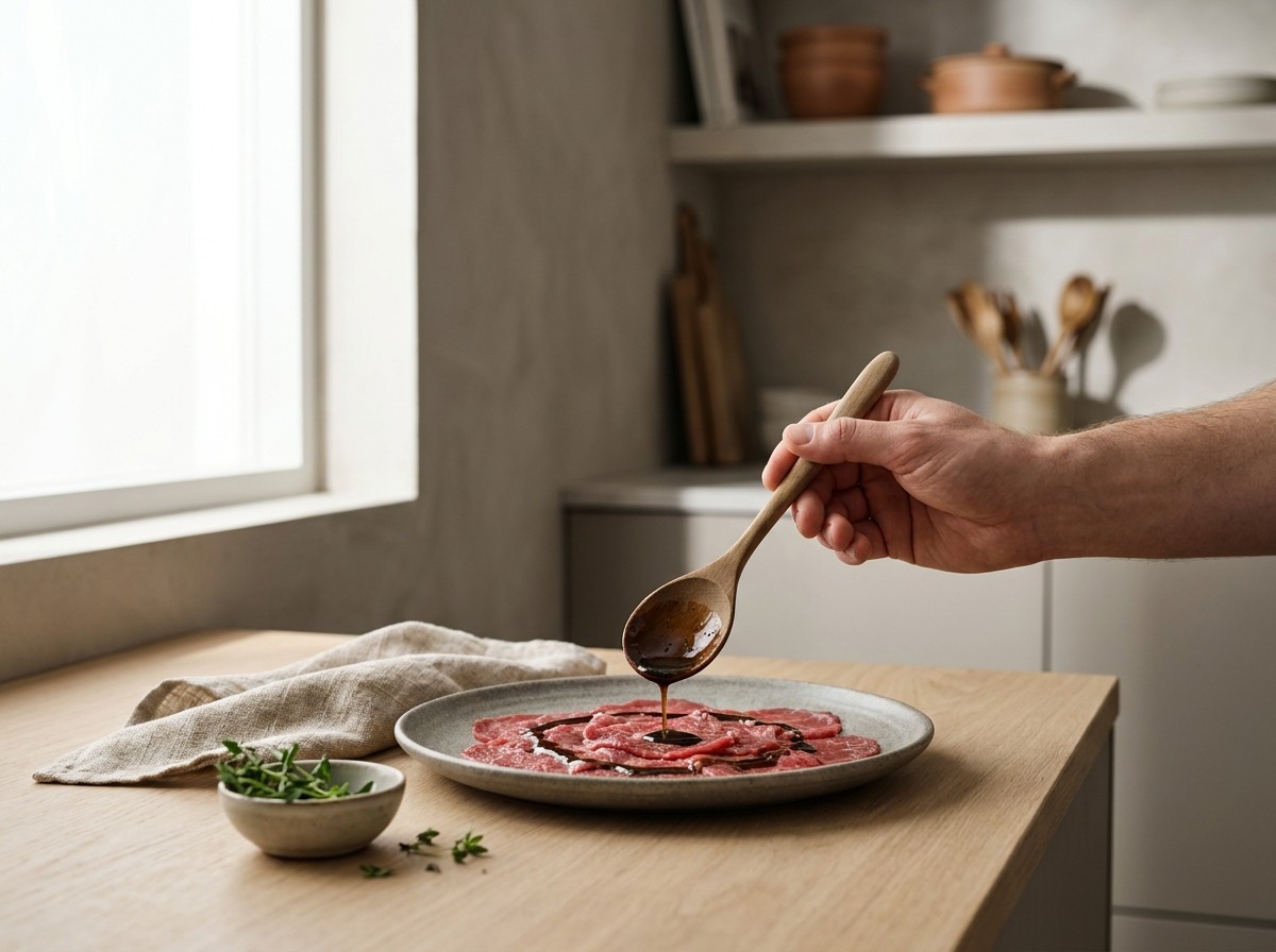 Vinagreta de trufa aliñando el carpaccio de buey