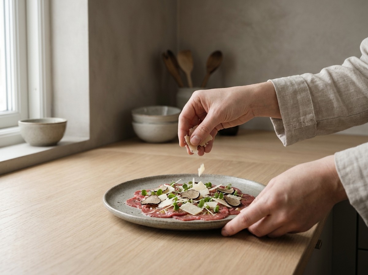 Carpaccio terminándose con lascas de parmesano, brotes y trufa