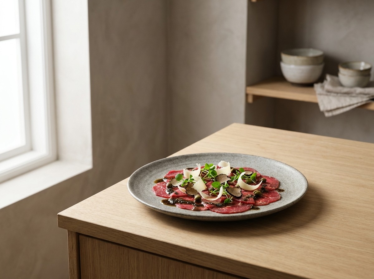 Carpaccio de buey en plato de cerámica gris piedra: fina capa de carne cruda roja con vinagreta de trufa, lascas de parmesano, brotes y alcaparras.
