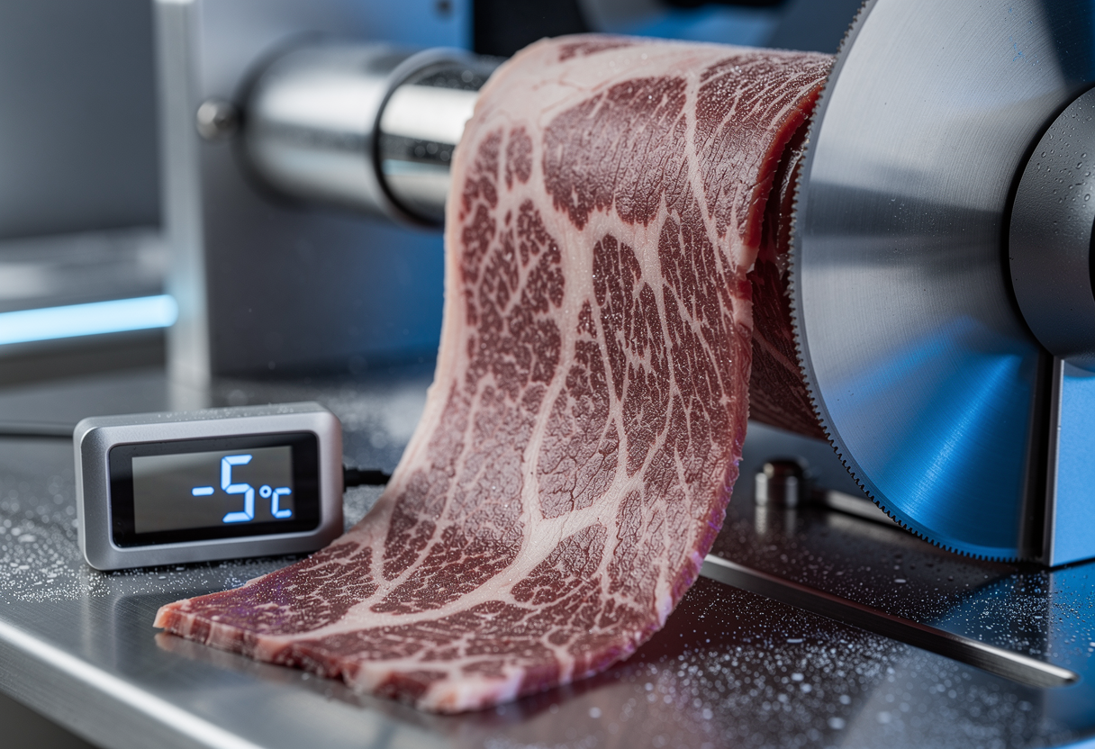 Wagyu A5 semifrozen siendo laminado en máquina a -5°C, marmolado visible
