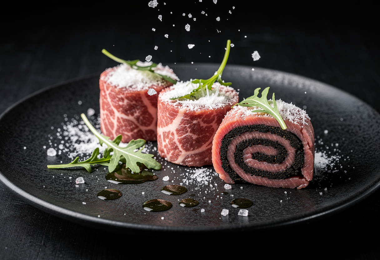 Carpaccio de Wagyu A5 enrollado con trufa negra fresca y parmesano 36 meses