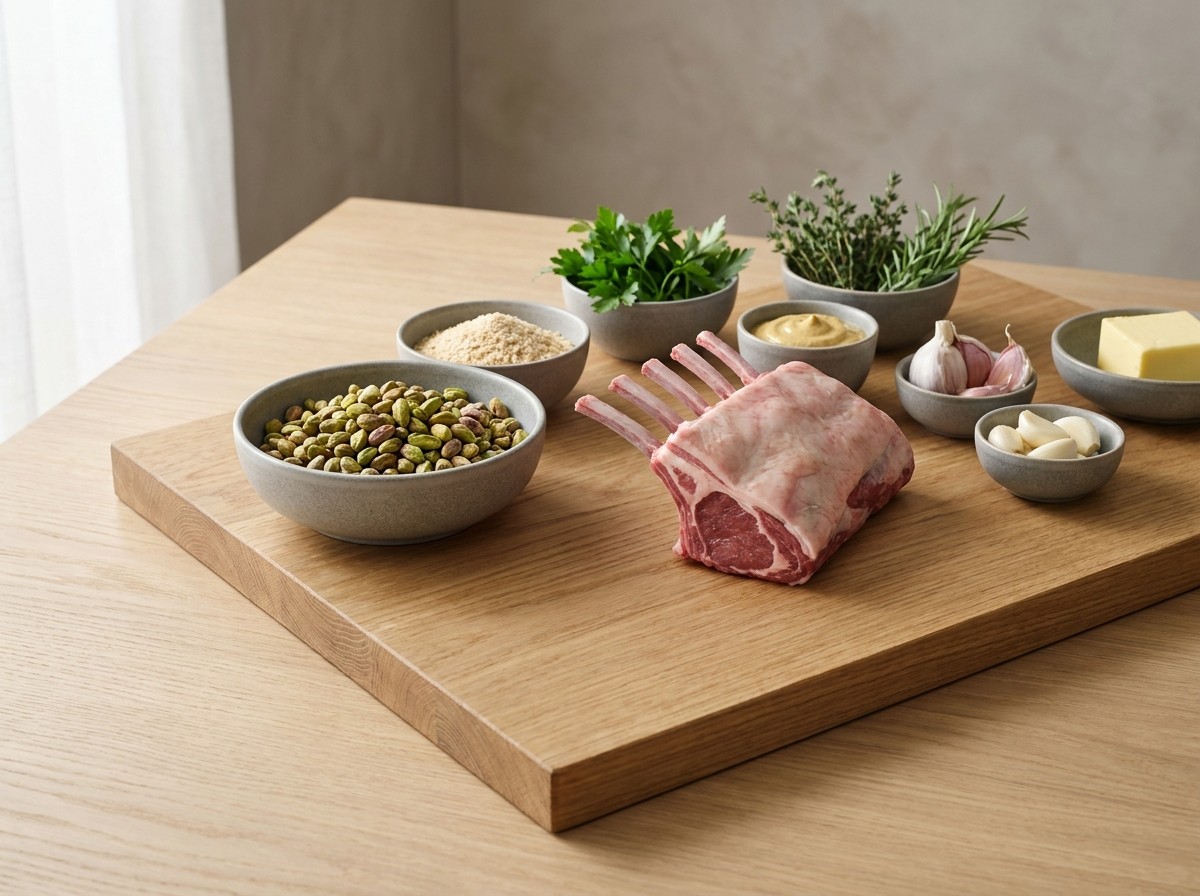 Ingredientes: carré de cordero, pistachos, pan rallado, mostaza y hierbas