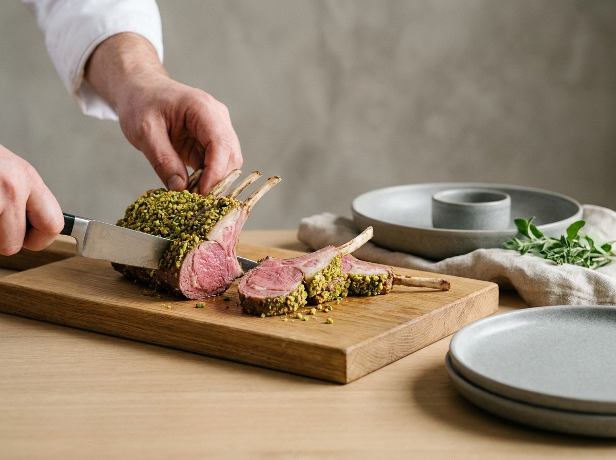 Carré cortándose en chuletitas rosadas con costra verde