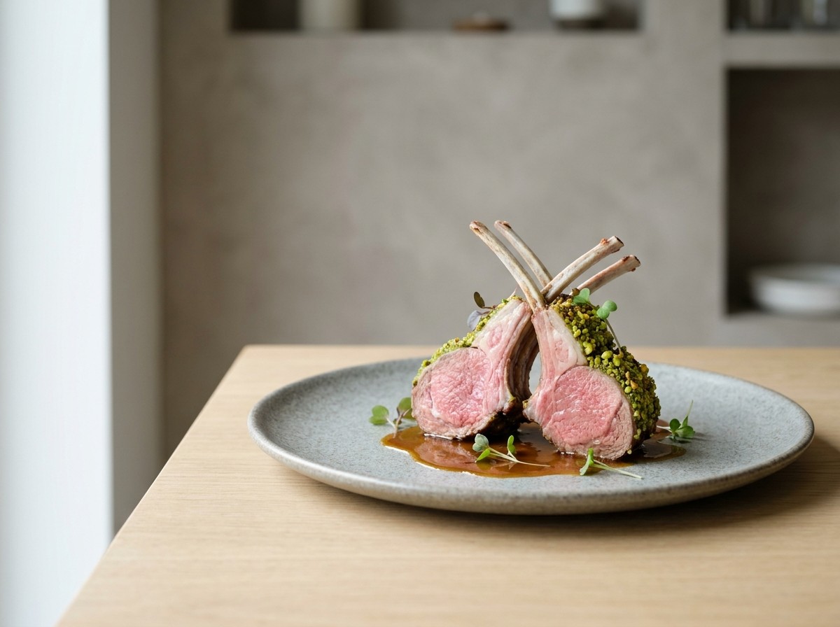Carré de cordero en plato de cerámica gris piedra: costillar rosado con costra verde de pistacho y hierbas, cortado en chuletitas con los huesos limpios.