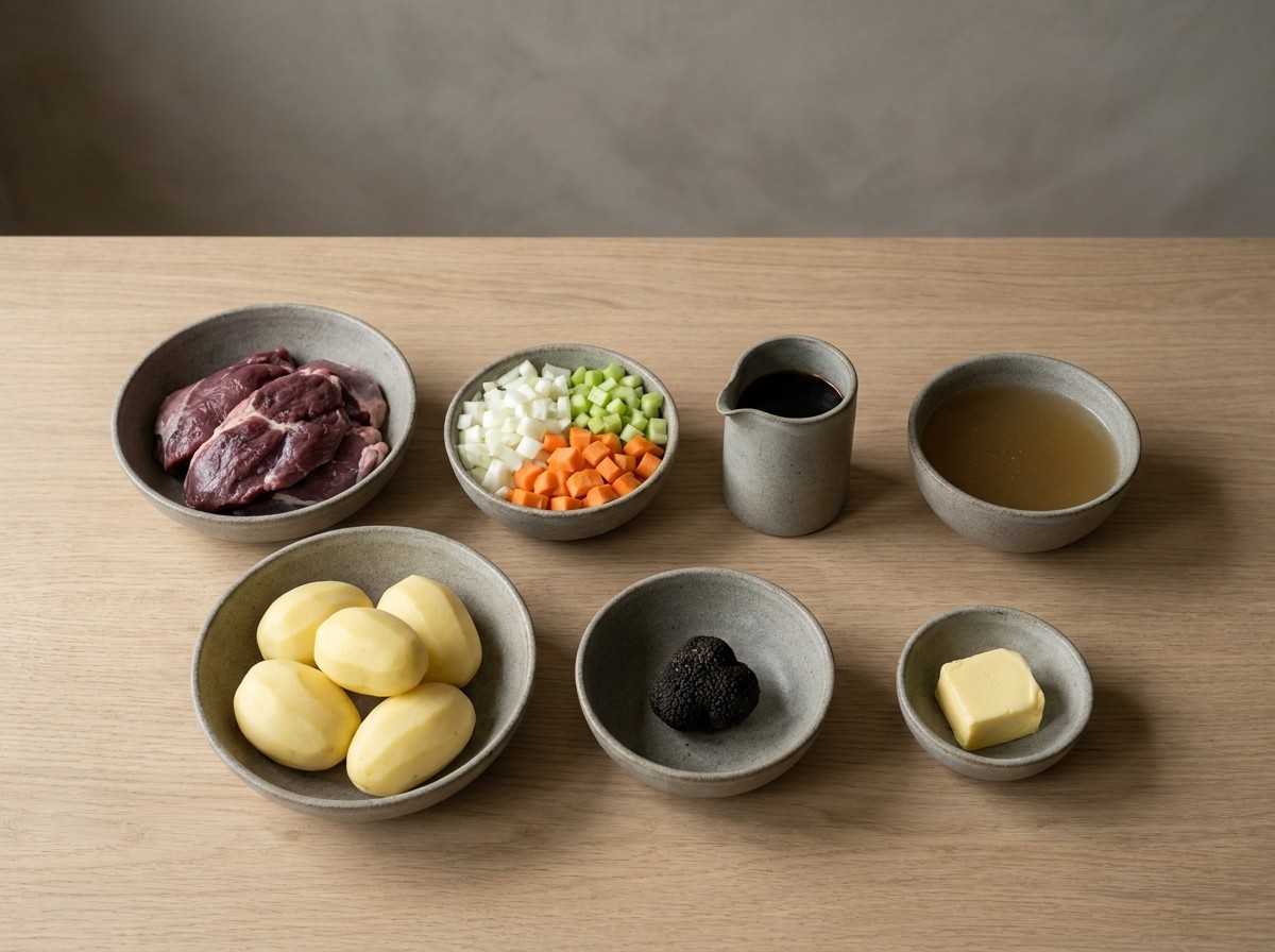 Ingredientes: carrilleras de cerdo, Pedro Ximénez, sofrito, caldo, patatas y trufa