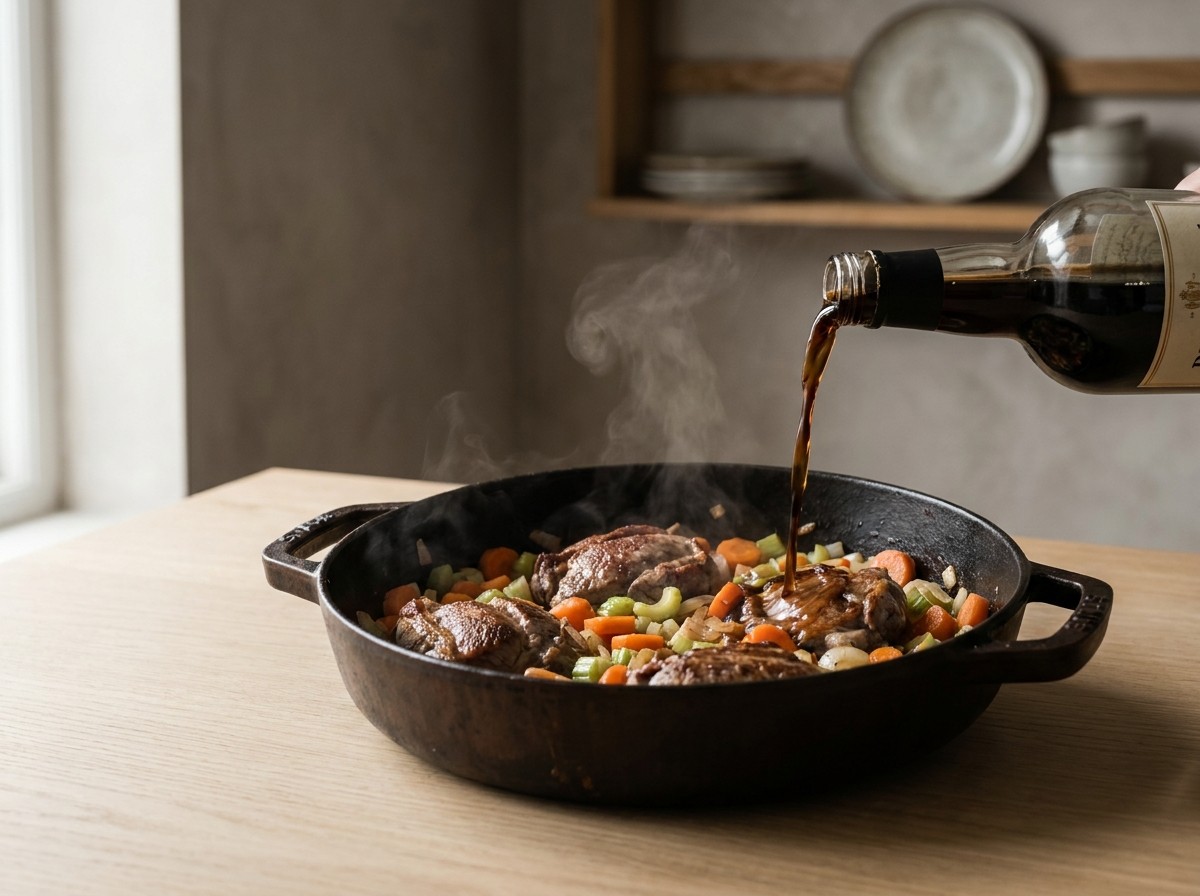 Pedro Ximénez desglasando la cocotte con las carrilleras
