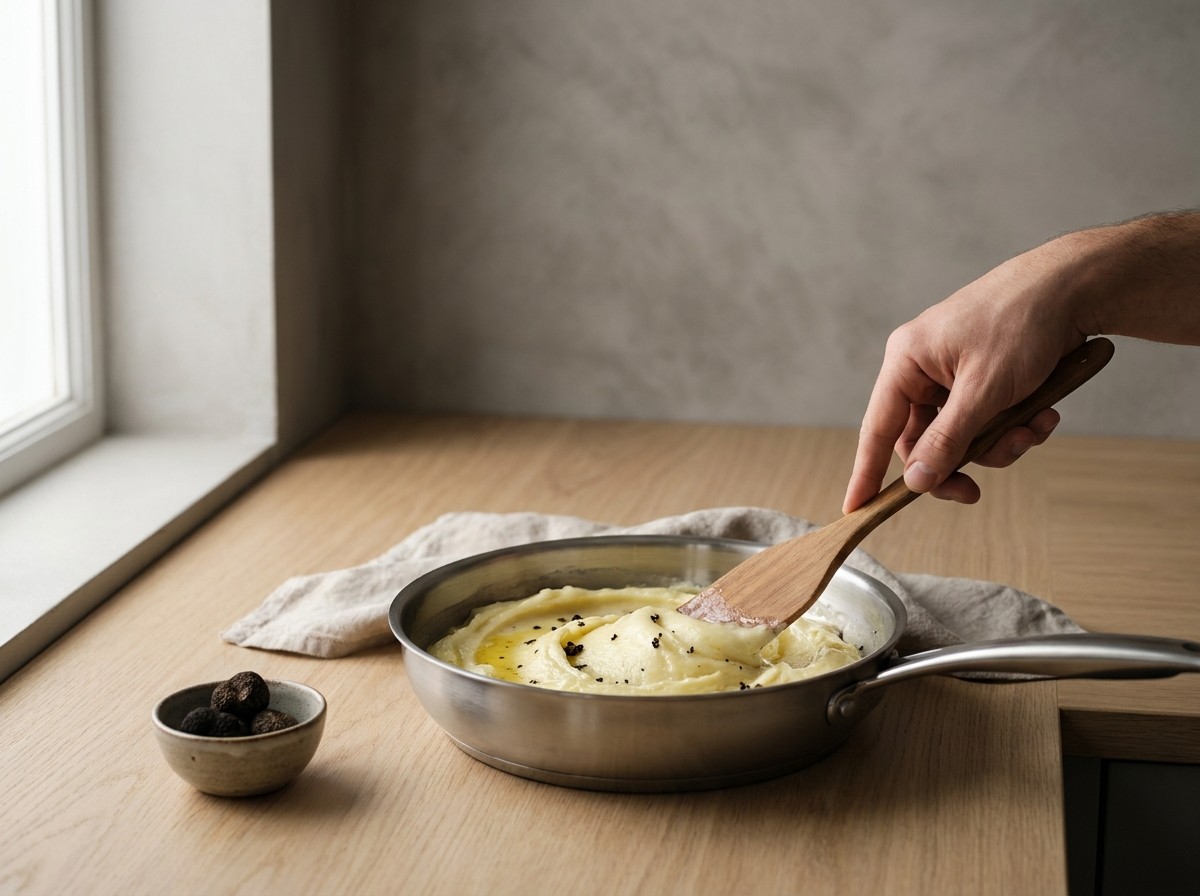 Puré de patata trufado montándose sedoso en la sartén
