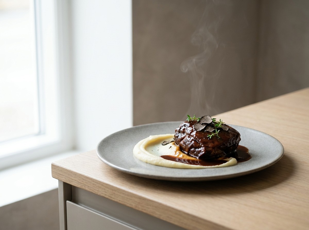 Carrillera de cerdo al Pedro Ximénez en plato de cerámica gris piedra: carne melosa glaseada en salsa oscura sobre puré trufado, con láminas de trufa.