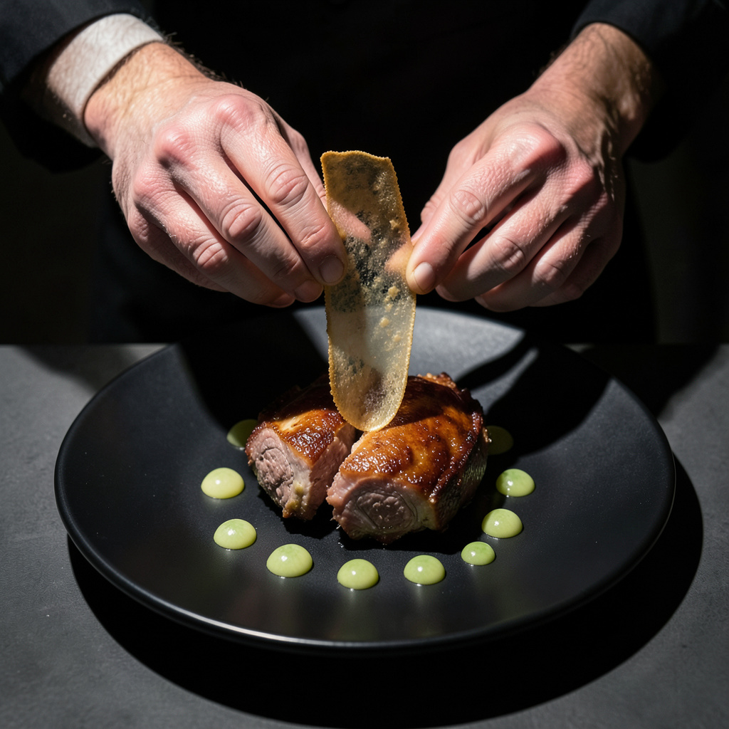 Montaje final del plato con salsa y crujiente