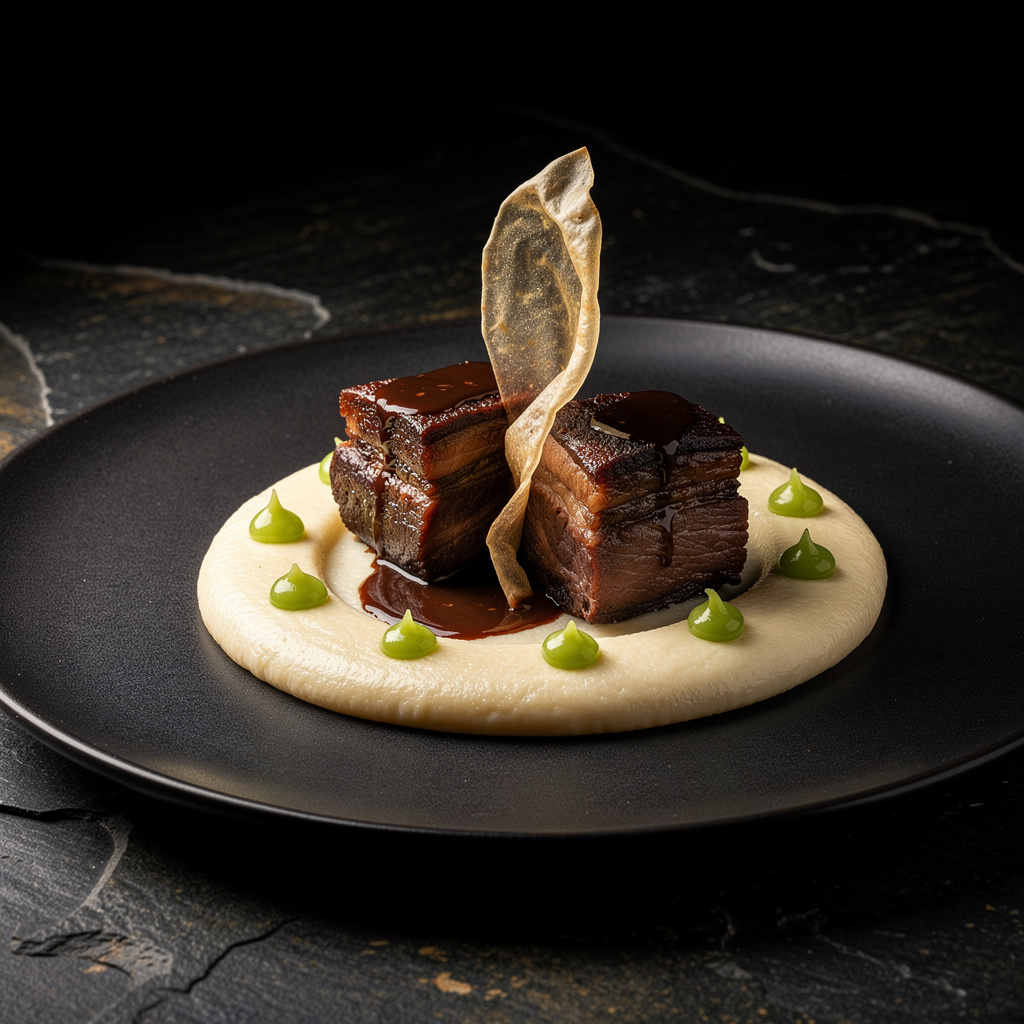Dos carrilleras de cerdo ibérico de bellota estofadas 48 horas sobre puré de apionabo con gel de manzana verde y crujiente de oreja en plato de cerámica negra mate