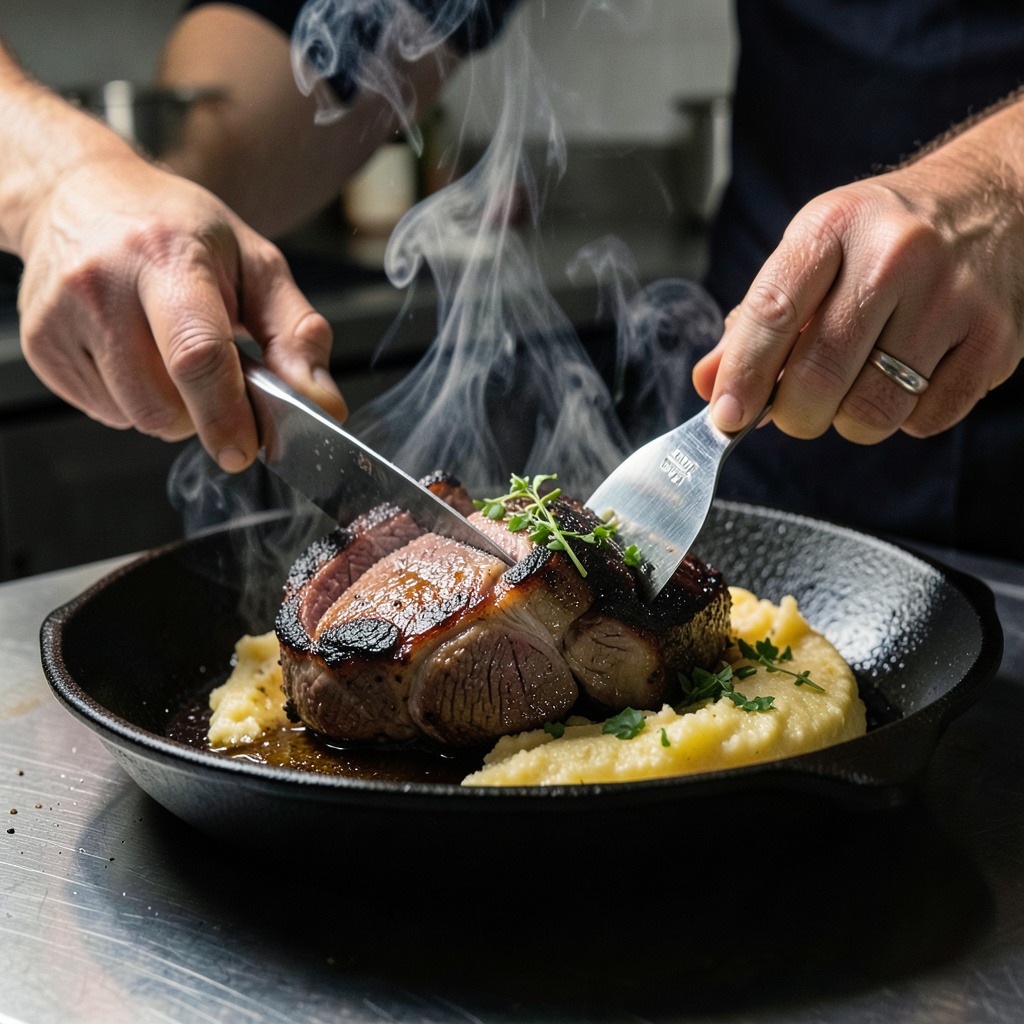 Sellado de carrillera de ternera con costra Maillard en sartén de hierro