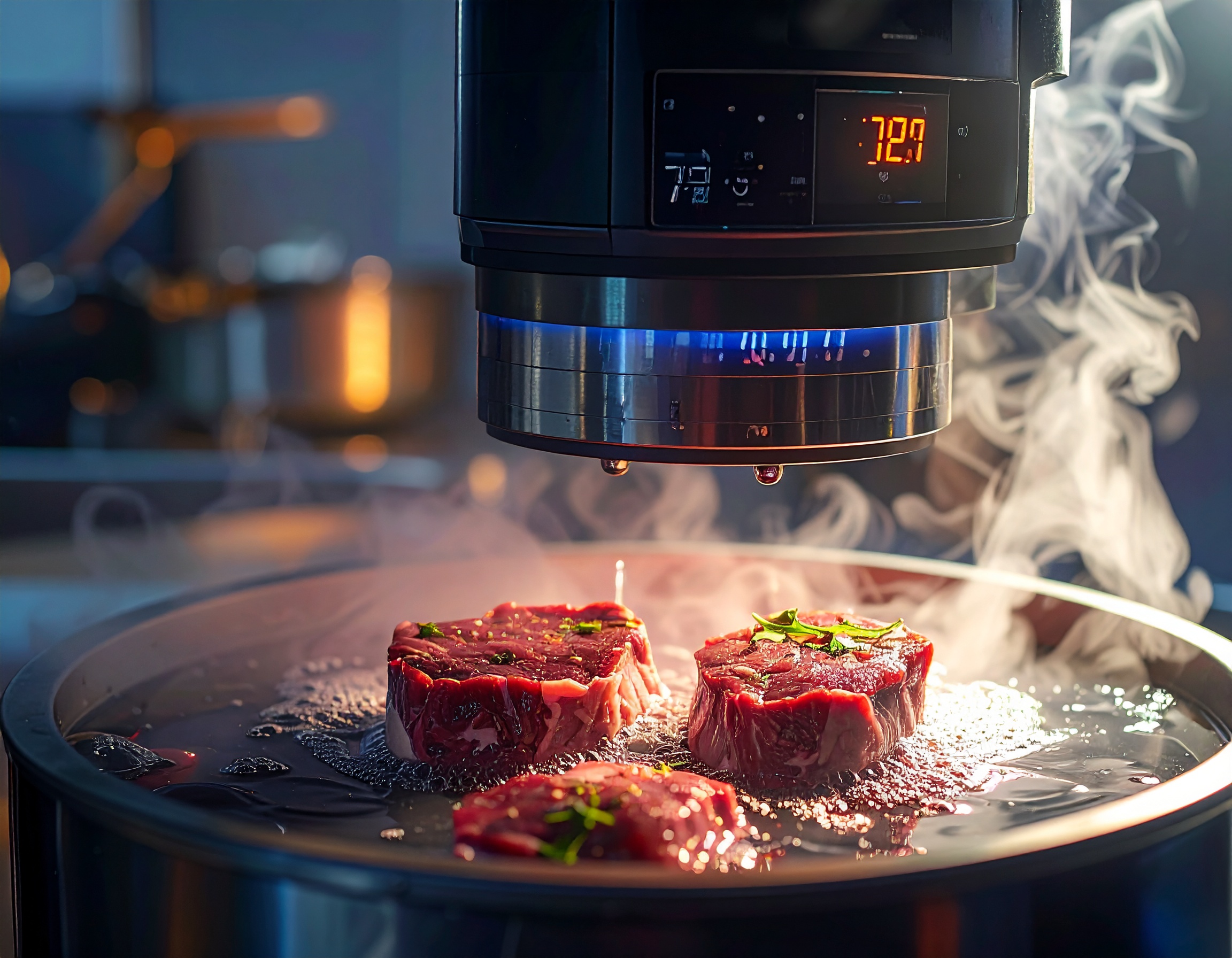 Display del circulador sous vide marcando 72°C con timer a 72 horas