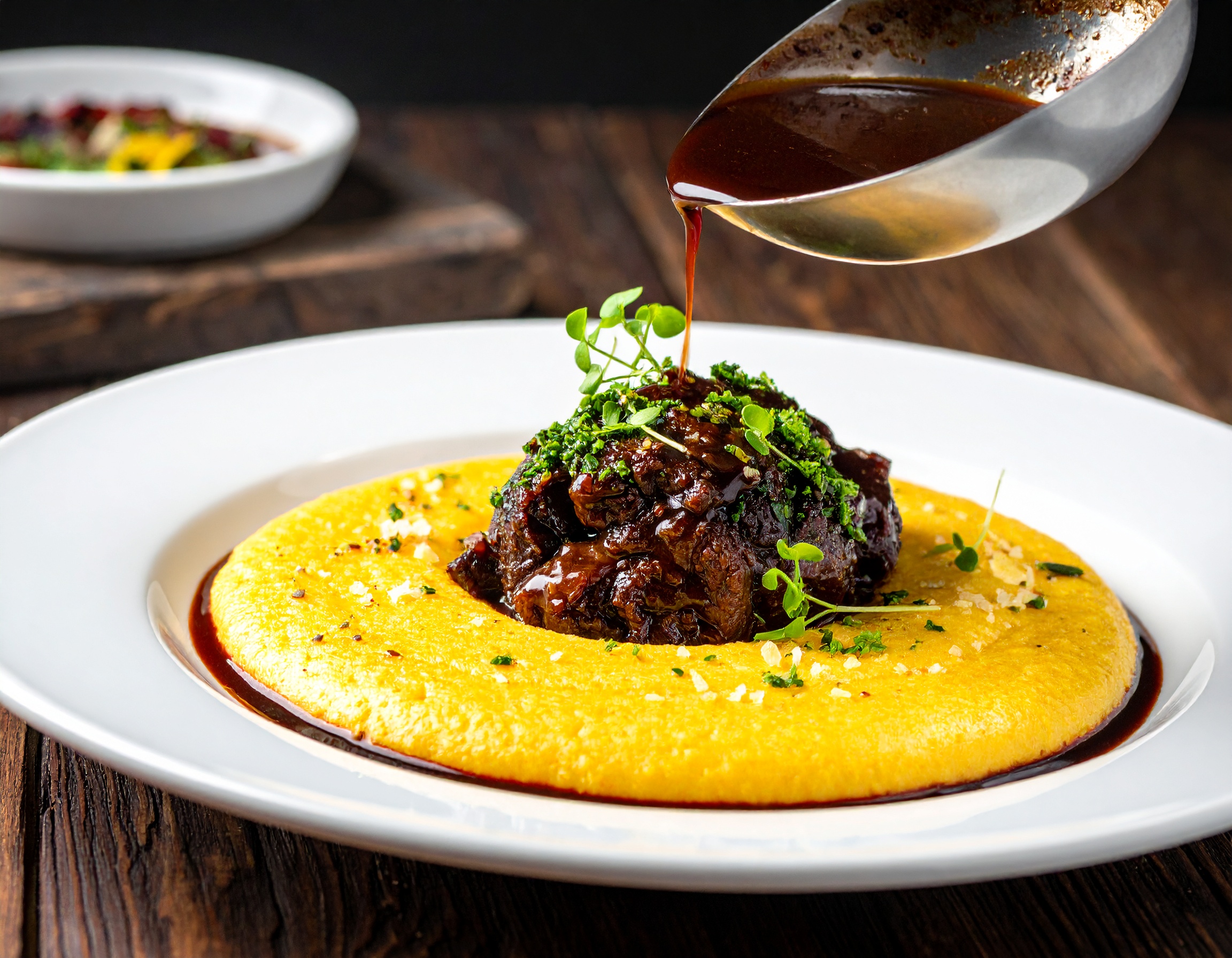 Emplatado de la carrillera sobre polenta dorada de parmesano con gremolata verde