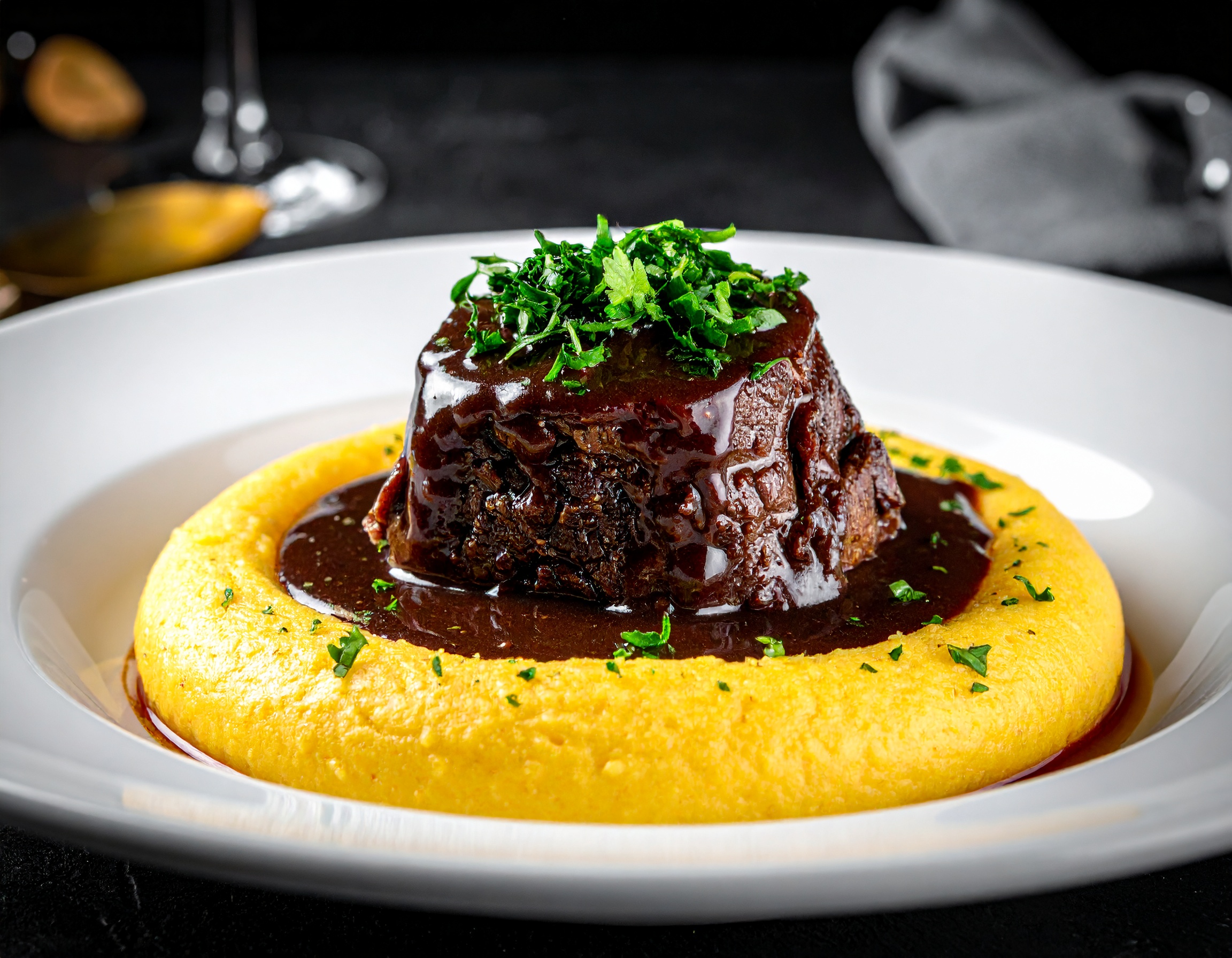 Carrillera de ternera a 72 horas sobre polenta de parmesano con gremolata y salsa oscura