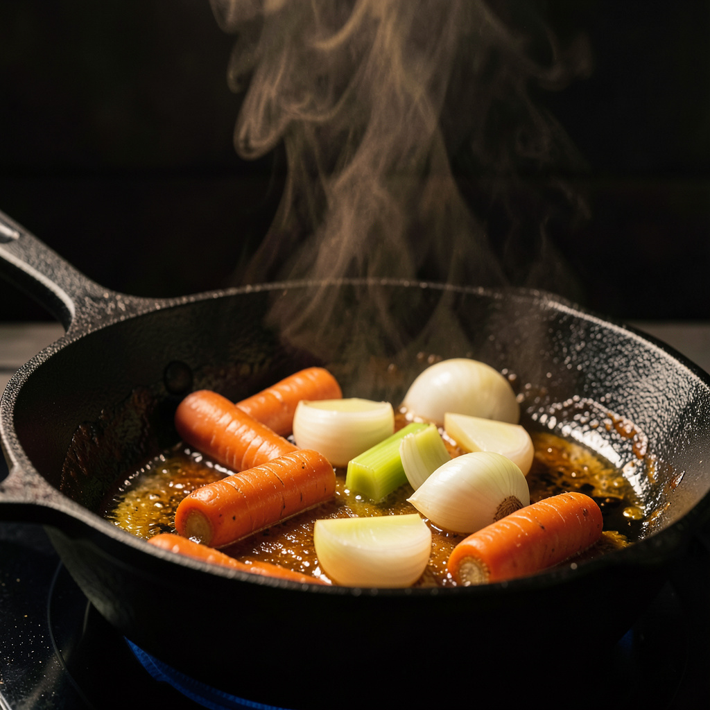 Zanahorias, cebolla y apio caramelizando en sartén negra con fondo dorado — la base aromática del braseo