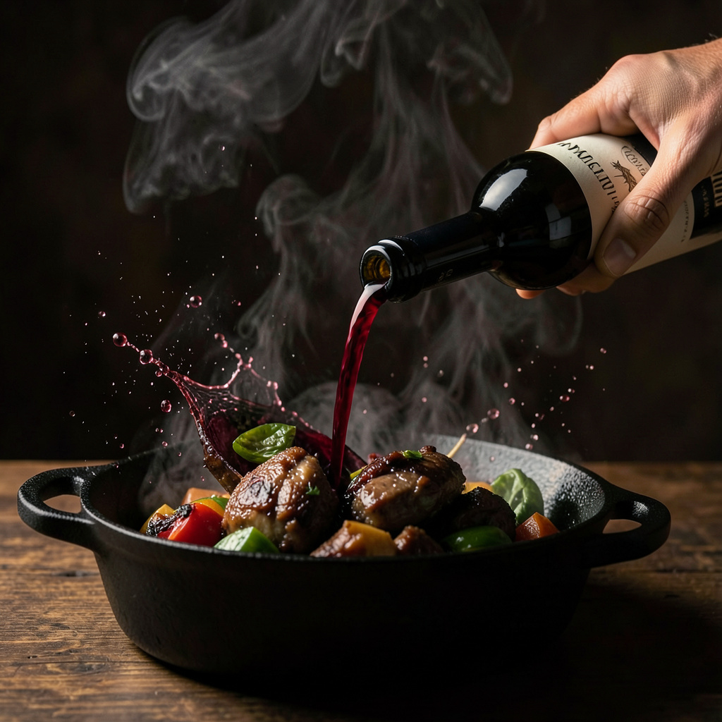 Vino tinto vertido en la cazuela sobre la carne sellada y las verduras — chisporroteo y vapor dramático al desglasar