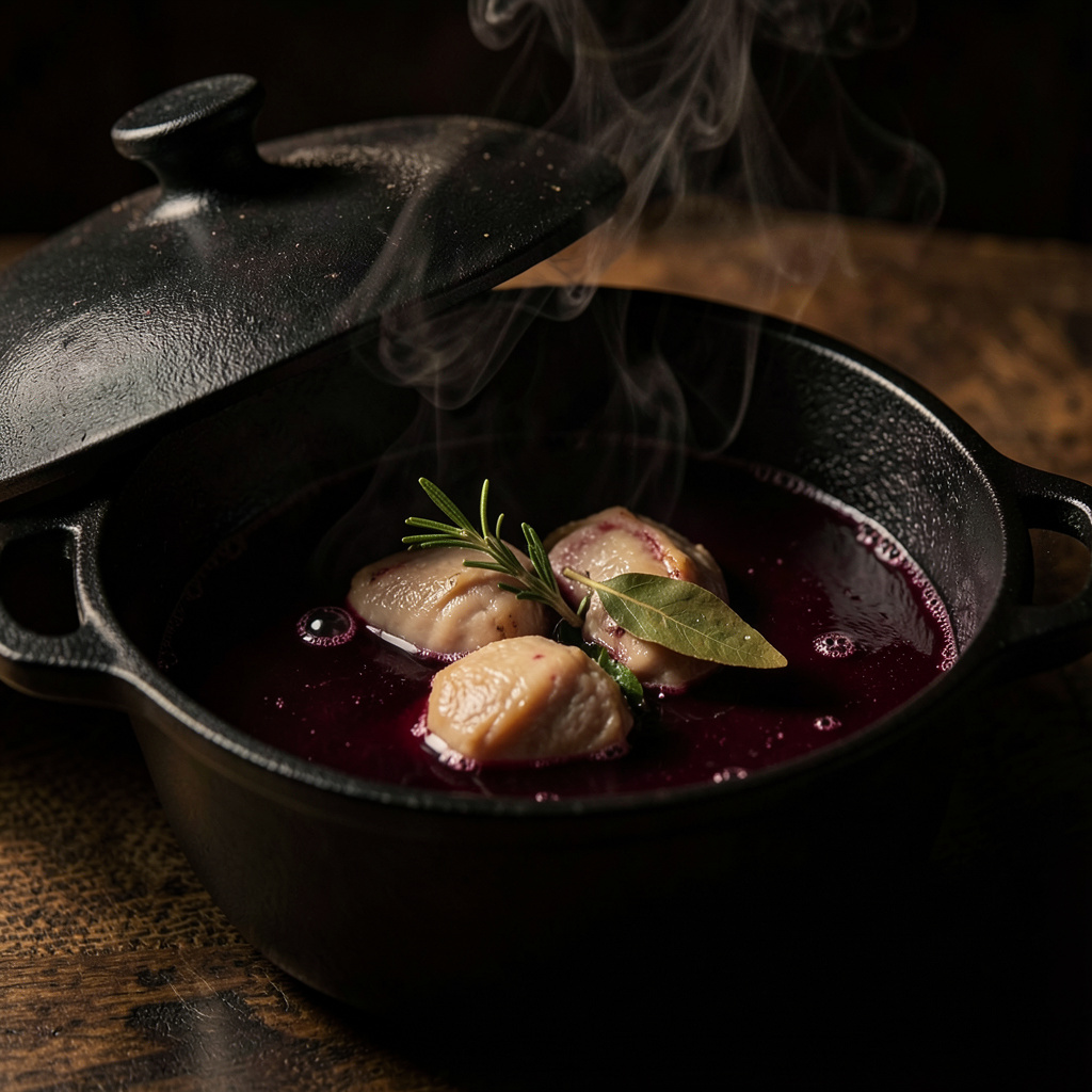 Carrilleras braseando en vino tinto con romero y laurel en cazuela de hierro tapada — braseo lento a fuego mínimo