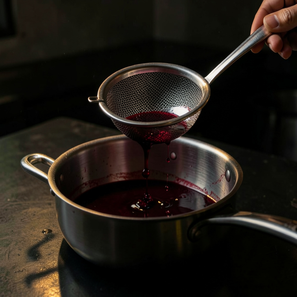 Salsa de vino tinto colándose por tamiz de malla fina — reducción brillante concentrando horas de sabor