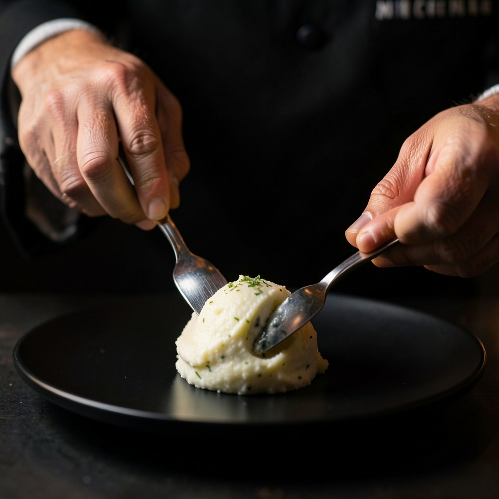Manos del chef formando la quenelle de puré trufado con dos cucharas sobre plato negro — gesto técnico de emplatado