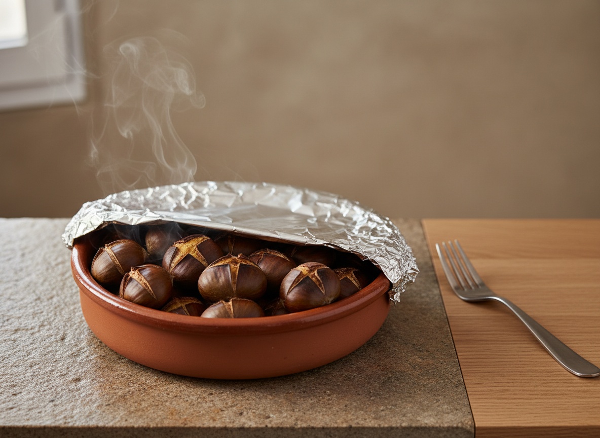 Cazuela de barro con castañas recién asadas, cubierta con papel de aluminio ceñido, sobre la encimera de piedra; vapor escapando por un borde y cáscaras abiertas visibles bajo el papel levantado.